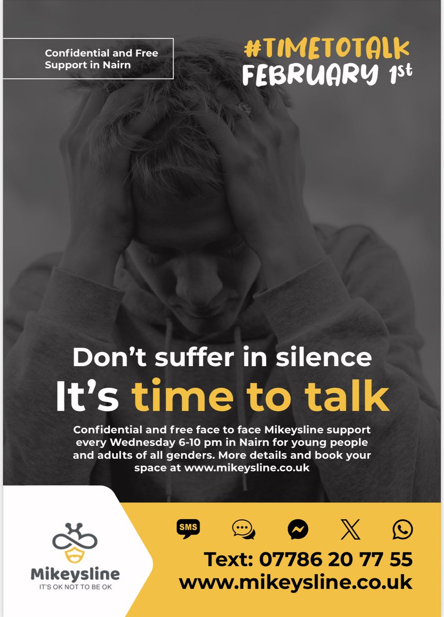 Today is Time to Talk Day.  

Talking has the power to change lives, and save lives.

Time to Talk Day is the perfect opportunity to start a conversation about mental health.

Charity partner, Mikeysline offer help locally. 

mikeysline.co.uk