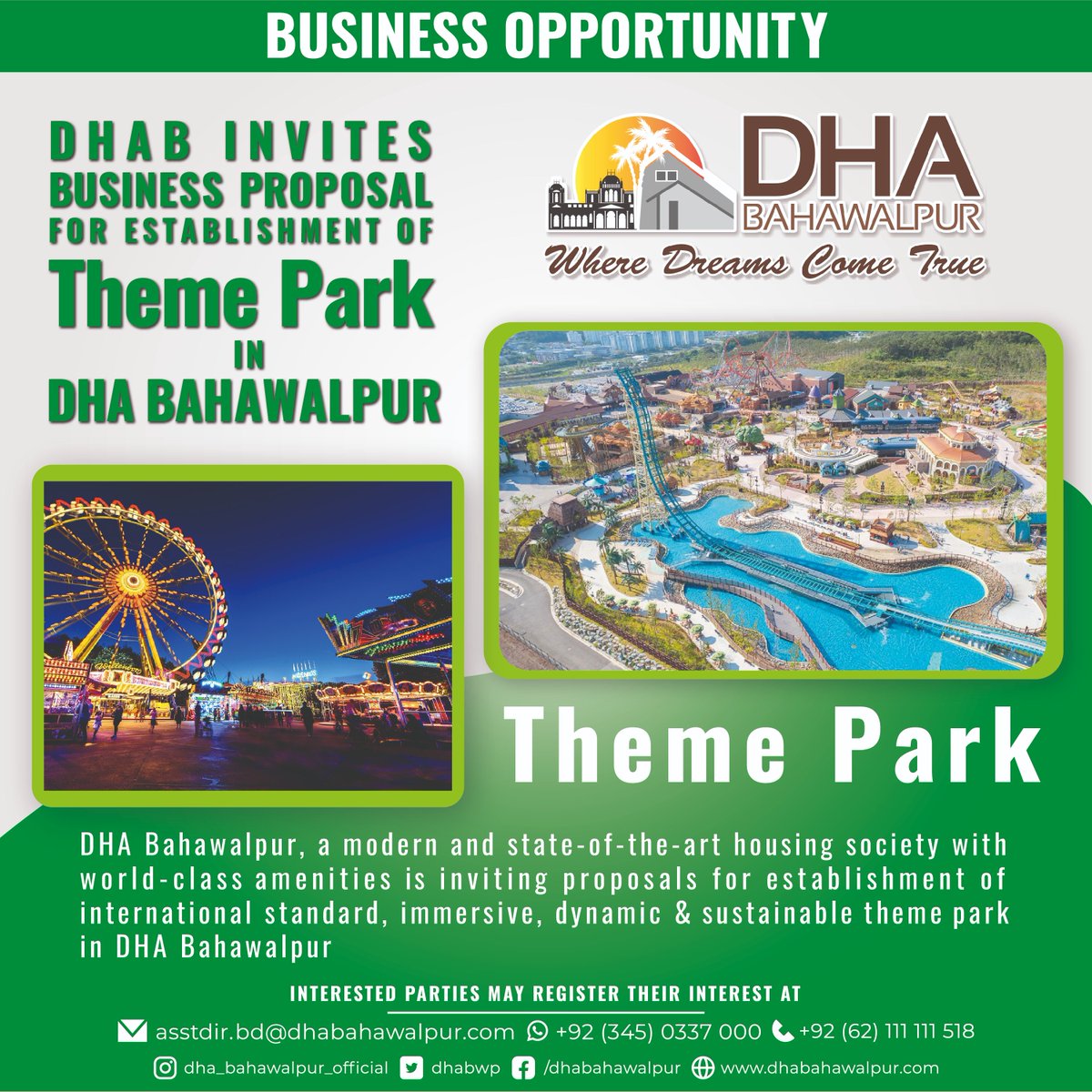 dhabwp's tweet photo. BUSINESS OPPORTUNITY
DHAB invites business proposals for the THEME PARK in DHA Bahawalpur
ڈی ایچ اے بہاولپور ہی ہے اب نیا بہاولپور
#buildingcomplex #buildingcomplexes #construction #residential #commercial #commercials #commercialproperty #alphabroadway #COMMINGSOON https://t.co/QJSOqjDeUU