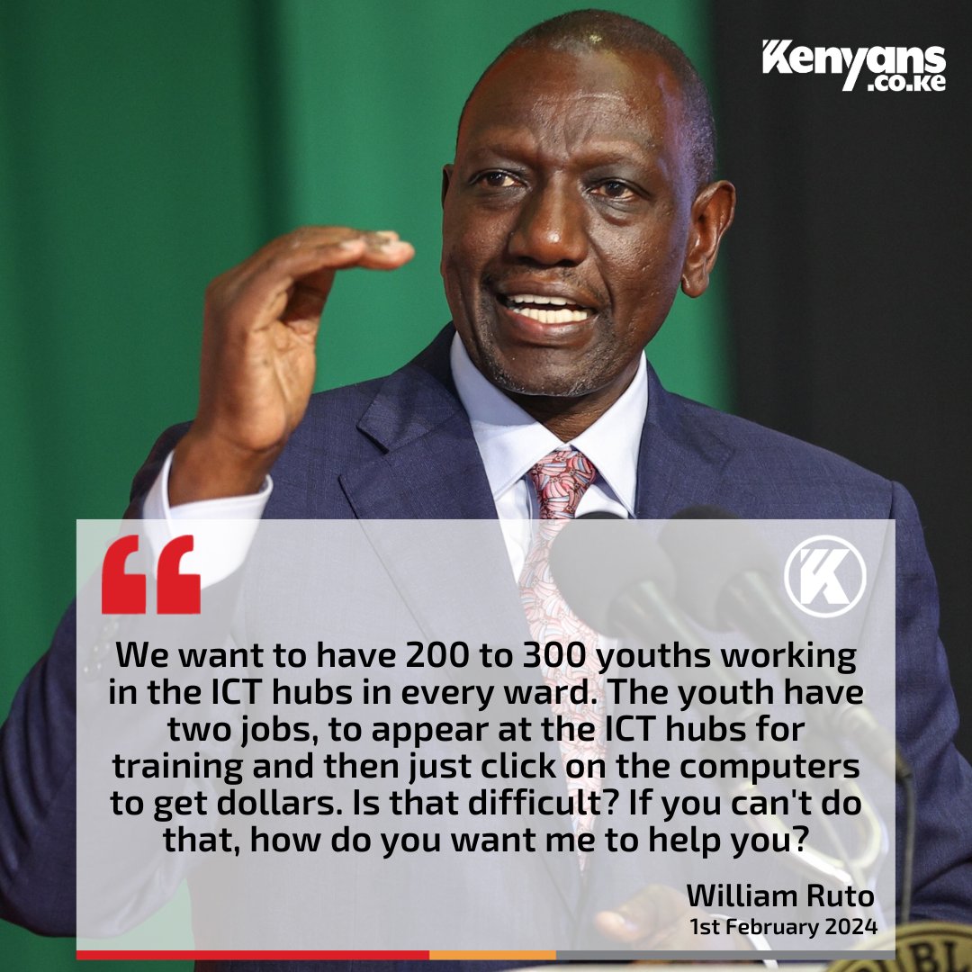 Kenyans's tweet photo. The youth have two jobs, to appear at the ICT hubs for training and then just clicking on the computers to get dollars. Is that difficult? - William Ruto https://t.co/25Ldz3PcWd