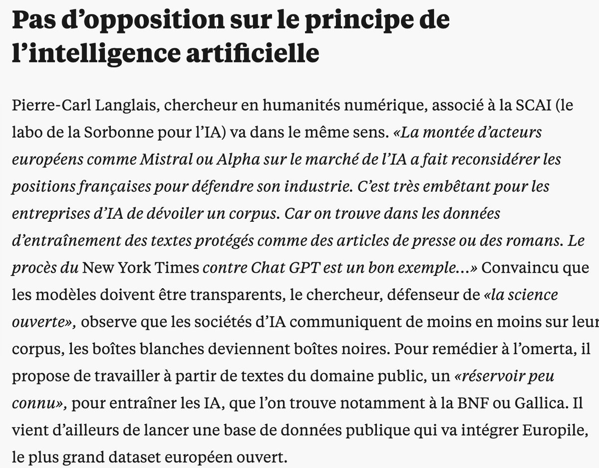 Since it’s now official in the French press, announcing that the large French open corpus will merge at some point into an European one, code name EuroPile (an obvious reference to @AiEleuther). liberation.fr/culture/ia-et-…