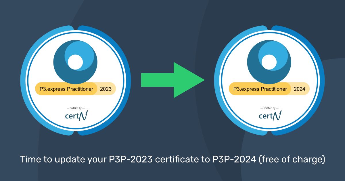 Update your P3P-2023 certificate to P3P-2024  for free

All practitioners with the P3P-2023 certificate are invited to take the new P3P-2024 exam and update their certifications free of charge.

omimo.org/announcements/…