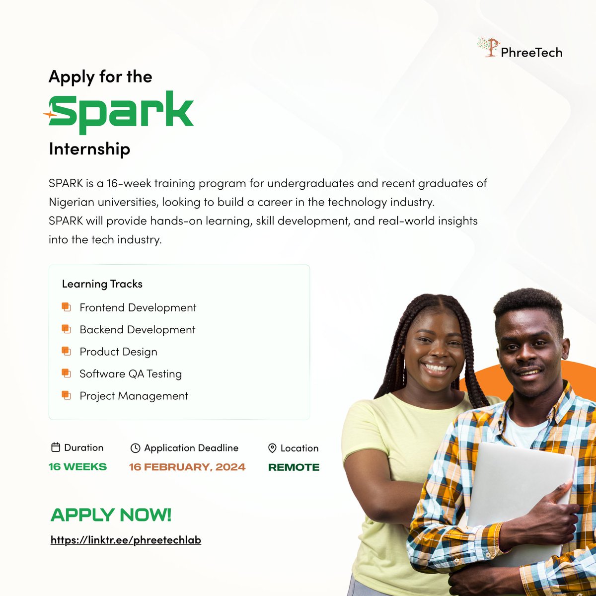 Hi There! 

Are you looking to kickstart your career in Tech? You have an opportunity to join our 16-week Spark Internship Program to gain some practical experience, new skills, and valuable insights into the world of software development.

Available learning tracks:
Frontend
