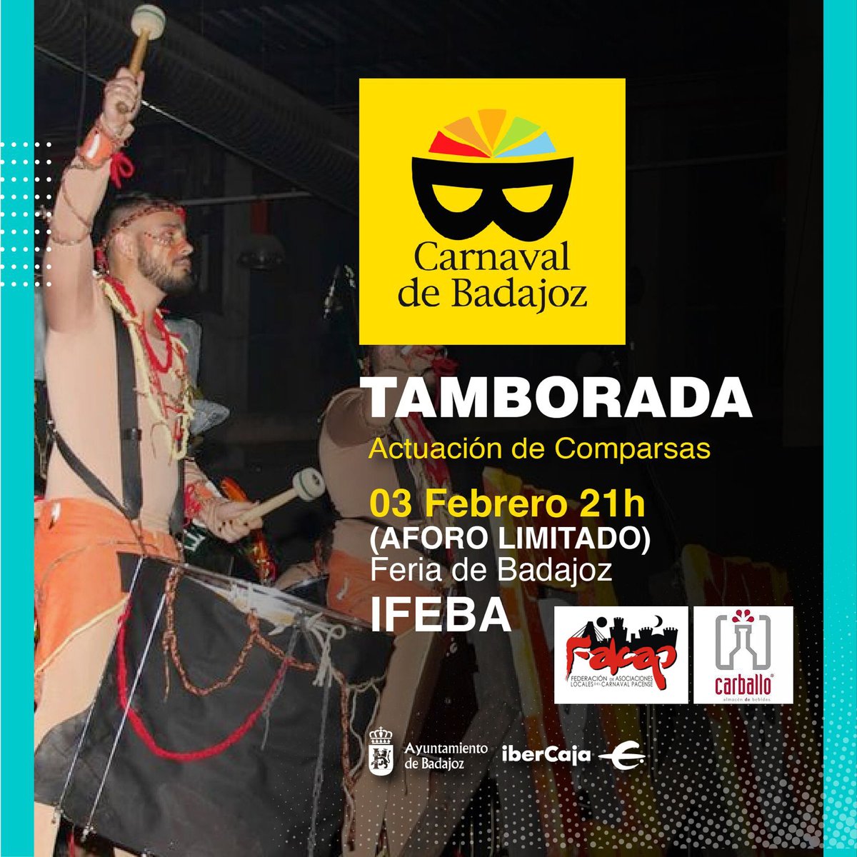 Vive la #tamborada del #carnavaldebadajoz en @feriabadajoz  @FalcapBadajoz 

📅 3 de febrero
🕔 21:00 h.
📍 Feria de Badajoz IFEBA

carnavaldebadajoz.org/evento/tambora…