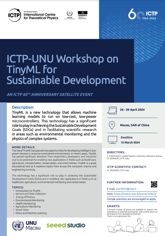 Applications for the @unumacau and @ictpnews workshop on #tinyml are now open! indico.ictp.it/event/10463/ Thank you @seeedstudio for your kind support.