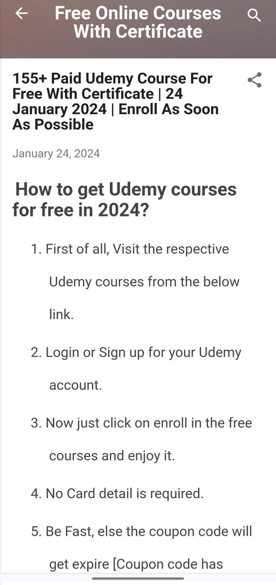 Access over 155+ Udemy courses for free, complete with certificates! 😱🔥 Enroll As Soon As Possible 😍 Discover ways to access Udemy courses without cost in the year 2024! Simply: 1. Follow (So that I can DM) 2. Like and Repost 3. Comment 'Udemy' to receive your copies…