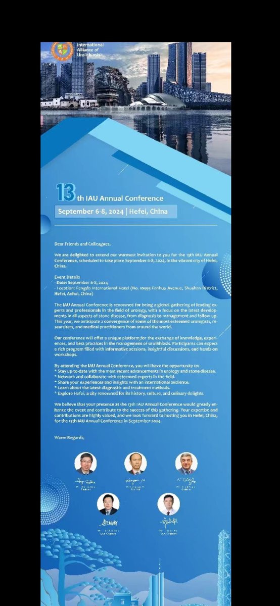 13th International Alliance of Urolithiasis (IAU) annual meeting will be held in Hefei/China during Sept. 6- 8,2024. New advances in urinary stone management will be discussed in detail. Link is ready for the abstract submission.Join us and share with us.. iaunet.org/col.jsp?id=225