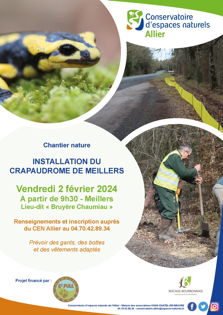 🐸 Nouvelle OPÉRATION CRAPAUDROME À MEILLERS
en partenariat avec la Fondation <a href="/LePAL/">Le PAL</a> Nature et la Comm Comm <a href="/cc_bocage/">CCBocageBourbonnais</a> #Bourbonnais
🐸 Installation ce vendredi 2 février 2024 ! 🐸
Inscription, renseign. CEN <a href="/AllierCen/">CEN Allier</a> 04.70.42.89.34.