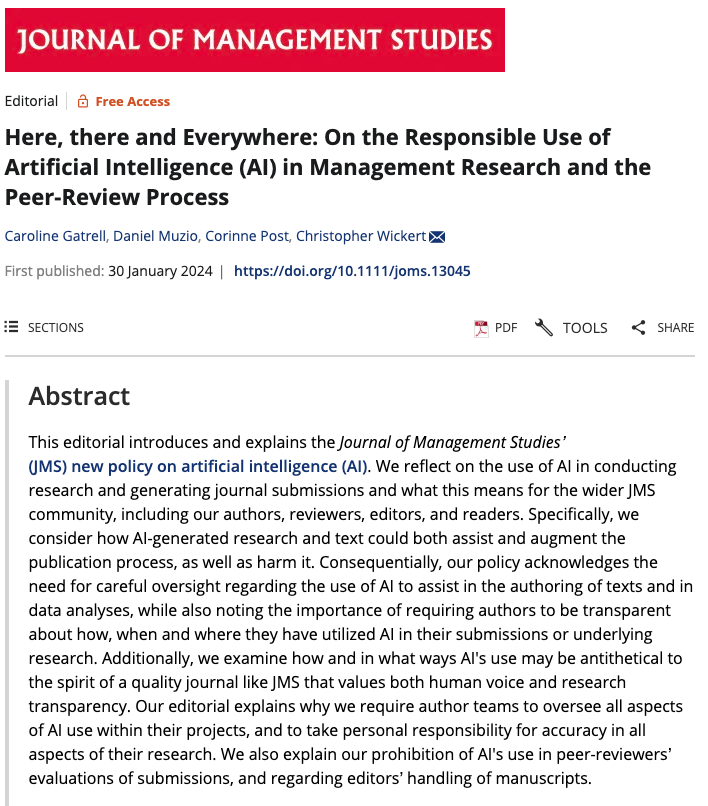 aversapaolo's tweet photo. Can you use #AI #digital technologies for your #management papers submitted to @JMS_Journal?
And if yes, how?
All the guidelines and explanations in this useful editorial piece by C. Gatrell, D. Muzio, @CorinnePost2, C. Wickert.
Link 👉 https://t.co/t3vpQzKE1n
Summary table 👇 https://t.co/wGU7H0OdpS