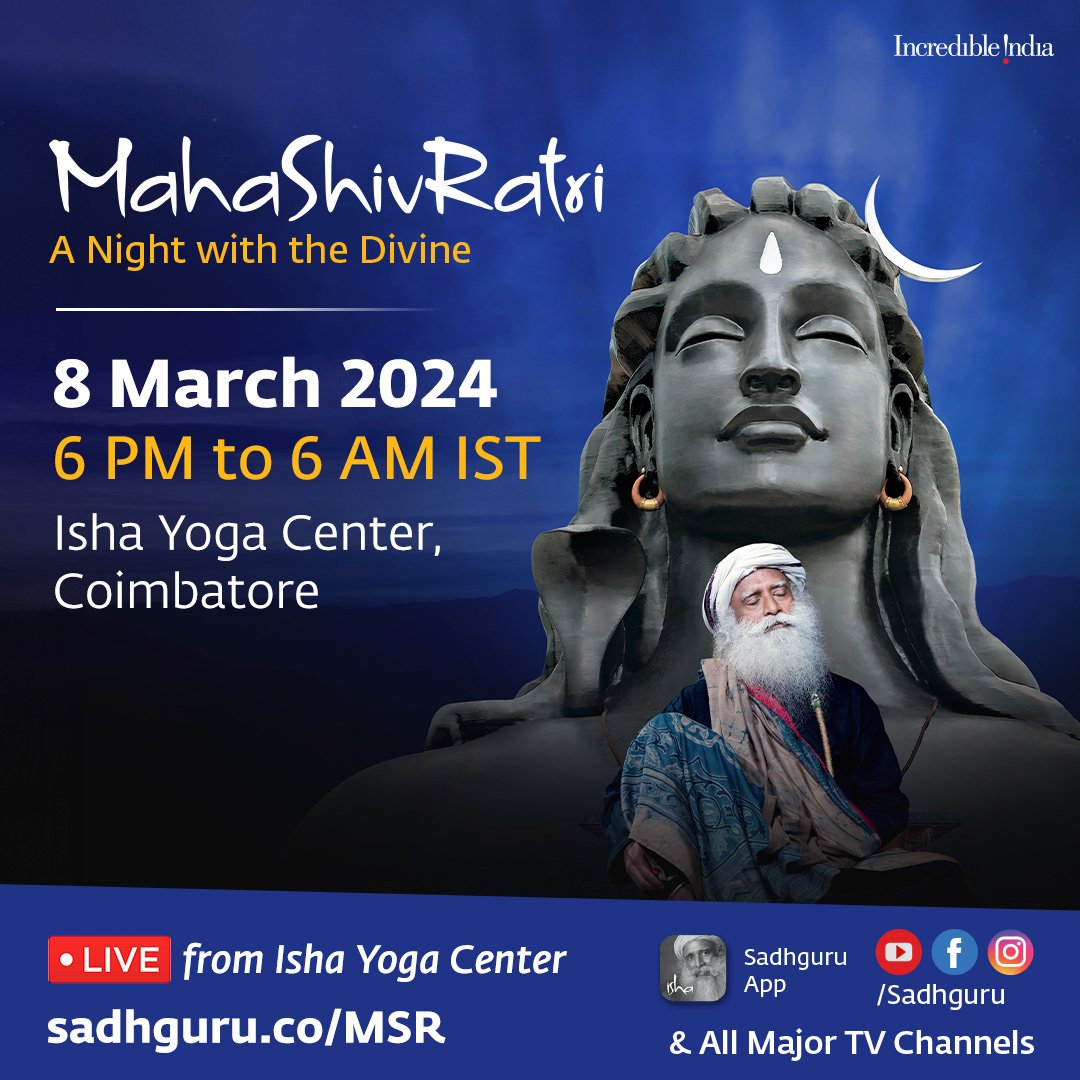 ishafoundation's tweet photo. Join Sadhguru for Mahashivratri 2024 - streamed LIVE from Isha Yoga Center on 8 March 2024 from 6 PM to 6 AM. https://t.co/0ALwJxULgP

#Mahashivaratri #Sadhguru #IshaFoundation #MSR24 #Mahashivaratri2024 #IshaMahashivaratri #Adiyogi #MSRLiveStream #MSRLive https://t.co/SCvFe4bUTP