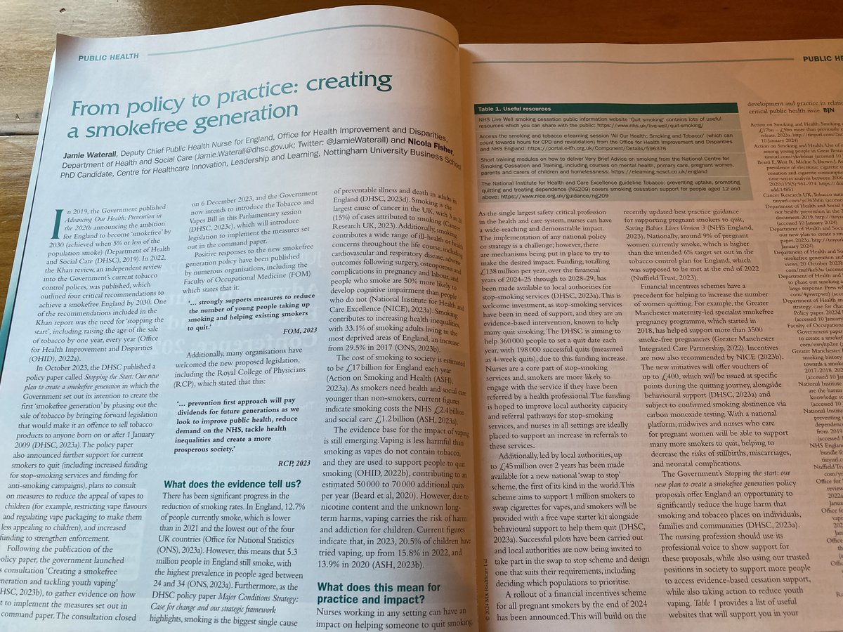 This arrived today however, if you haven't got access to this edition of the @BJNursing, then you can access the article for free at magonlinelibrary.com/doi/full/10.12… The smokefree generation policy offers us a significant opportunity to improve the lives of millions of people #teamCNO