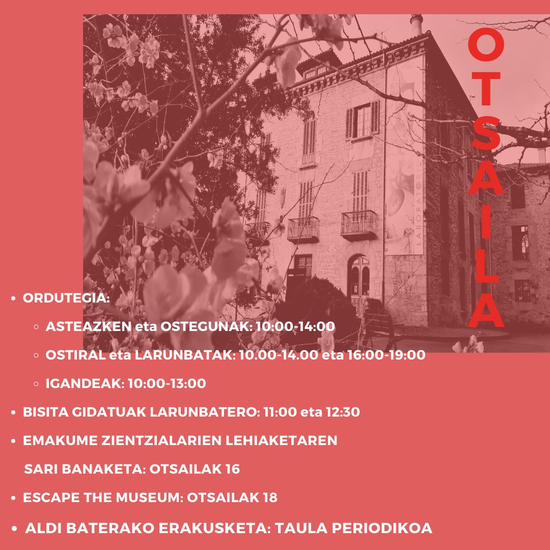 BergaraMuseoa's tweet photo. Otsaila Laboratorium museoan:
⚛️ Taula Periodikoa: Unibertsoa osatzen duten elementoak.
🏛️Erakusketa iraunkorra
👩‍🔬 Sari banaketa
💀Escape the museum
📍Bisita gidatuak
☎️Izena eman: 943769003

#bergara #zientzia #museoa #otsaila #emakumezientzialariak #emakumeakzientzian #february https://t.co/IubwTDzj39