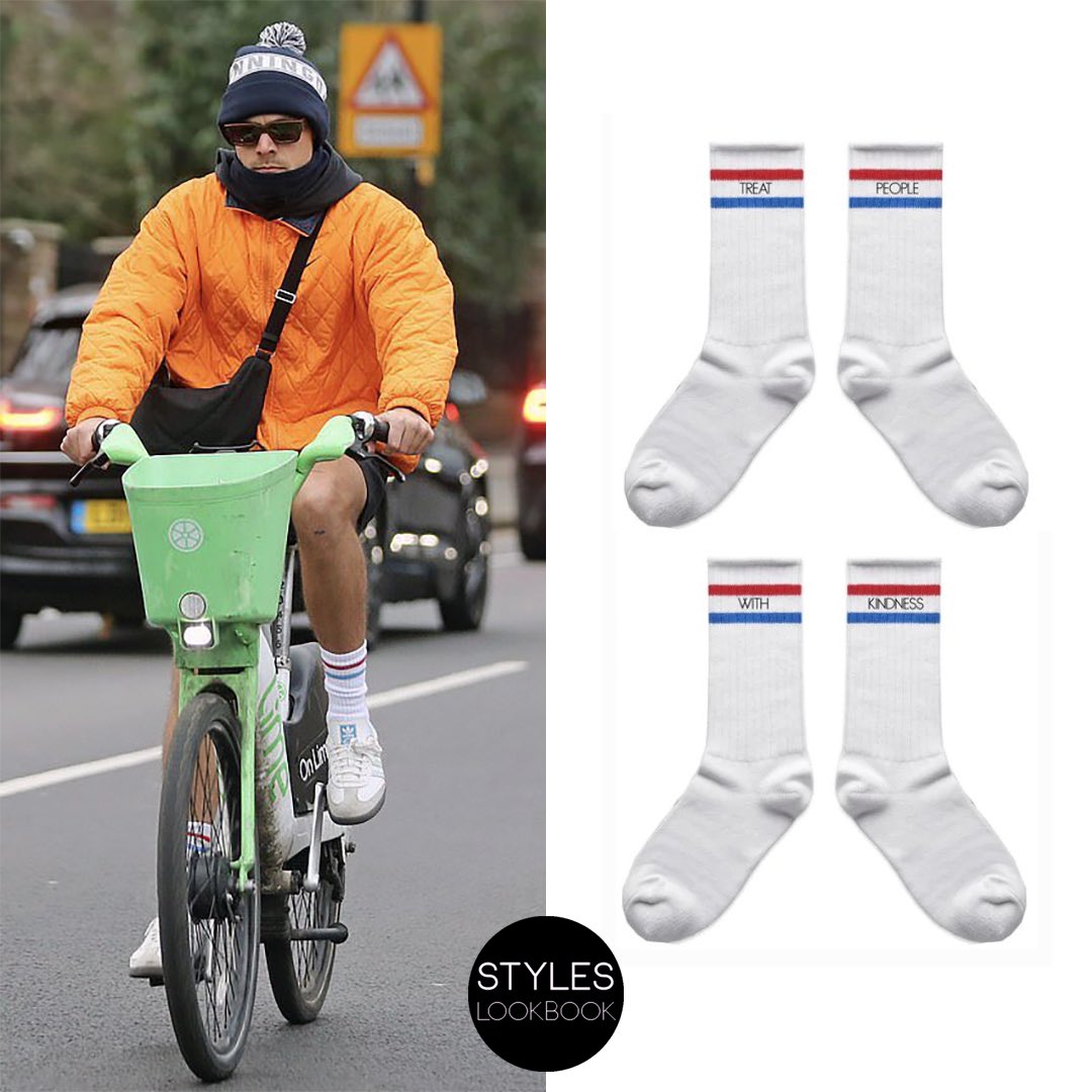 Out in London, Harry was pictured wearing #TreatPeopleWithKindness socks from his own merch line ($20 - no longer available). styleslookbook.com/post/741114404…