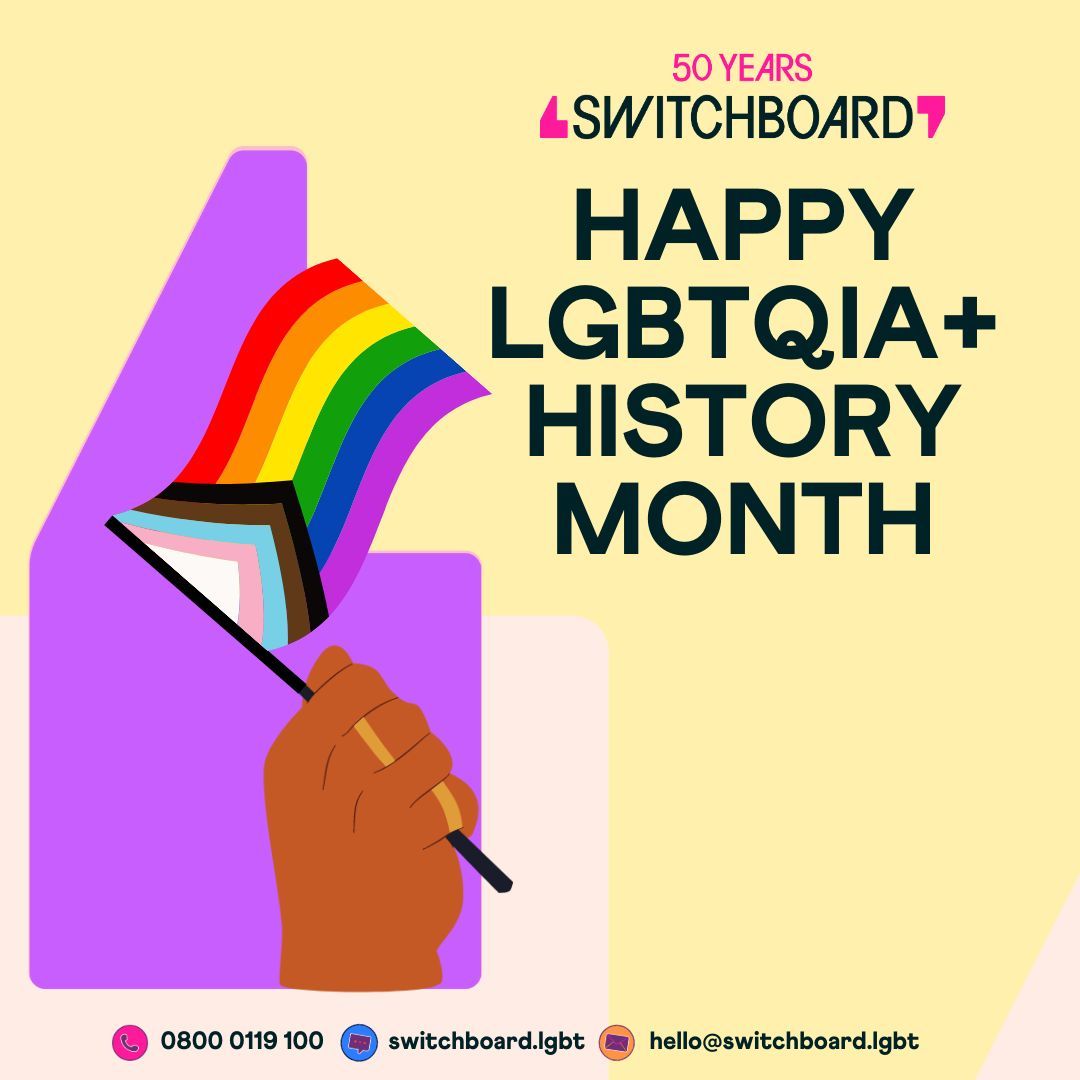 Today is the start of #LGBTQHistoryMonth & this year Switchboard is 50 years old. Through the crises, celebrations & changing attitudes, we have been a clear & unmistakable voice for our community. Stay tuned as we share more from our 50-year history throughout February 🏳️‍⚧️🏳️‍🌈