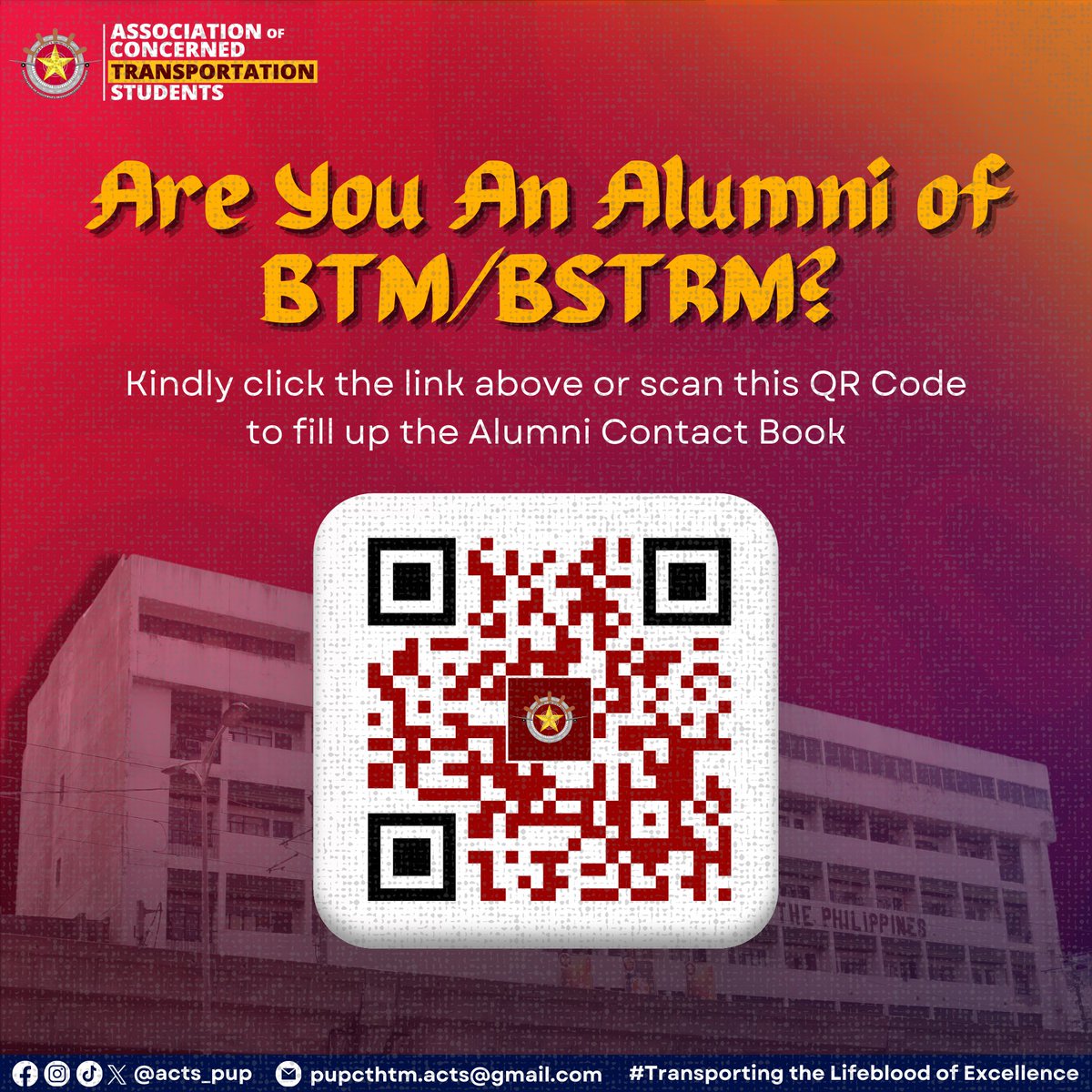 acts_pup's tweet photo. Calling all BS Transportation Management (BSTRM) alumni, formerly known as (BTM)!
Kindly click the google form provided below for contact purposes:
https://t.co/TuZRMQtBd1
#PUPACTS
#TRMALUMNIBOOK https://t.co/kbgyIi4wTy