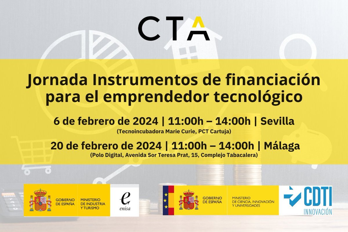 aemprende's tweet photo. ⚡️ ¡No te las pierdas!

Jornadas 'Instrumentos #financiación para el emprendedor tecnológico' @CTAndalucia @enisa @CDTI_innovacion.

〽️ Dirigida a personas emprendedoras, #pymes y #micropymes tecnológicas.

📍 6 febrero, #Sevilla
📍 20 febrero, #Málaga

📝 https://t.co/vy6JxUmvUv https://t.co/zEhrPmHmCV
