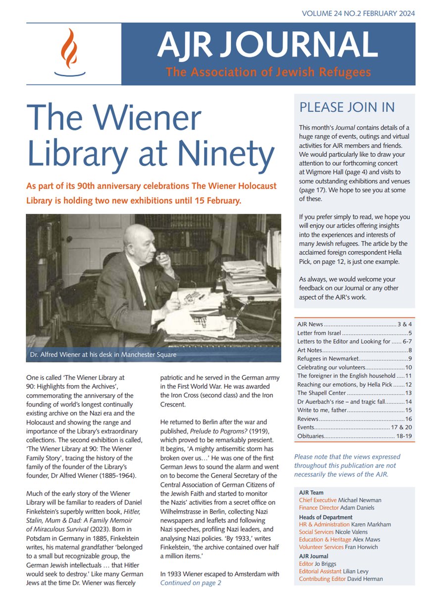 (1/2) Our February issue of the journal has arrived, featuring articles celebrating the 90th anniversary of @wienerlibrary , discussing the work of Kindertransport refugee and poet Gerda Mayer, a visit to both the Jewish East End, @HolocaustMuseum and more!