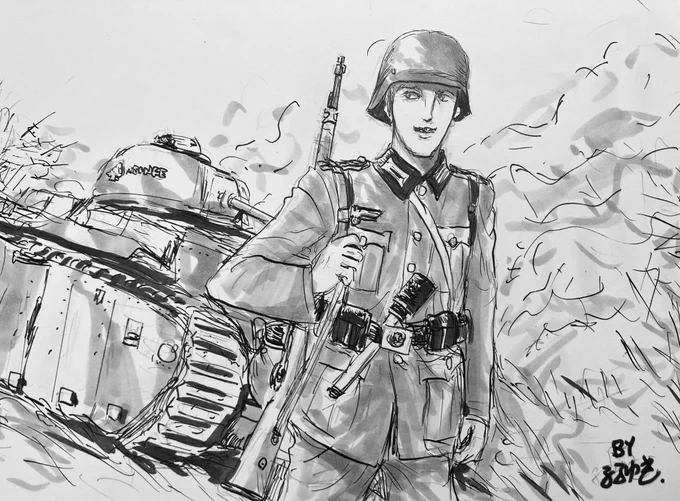 RP 1940年2月のフランス戦車を見たので、その5月に西方電撃戦が始まった時期に擱座したシャールB1と進撃するドイツ歩兵を描きました。 