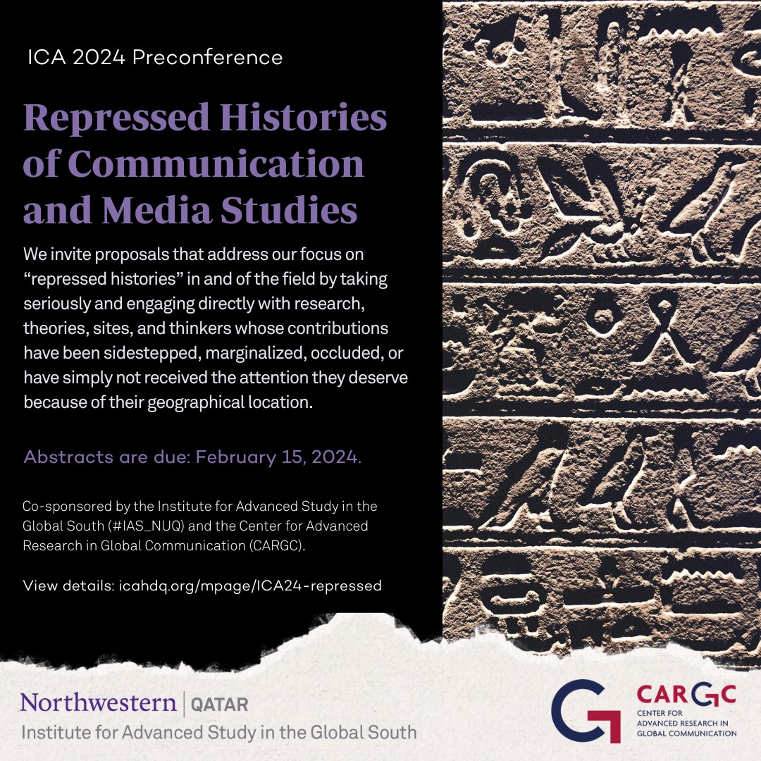 The cfp for the @icahdq 2024 Pre-Conference 'Repressed Histories of Communication and Media Studies' has been extended to 15 February 👇 icahdq.org/mpage/ICA24-re… @EmilyKeightley @Viscloo @usharaman @aswinp @MKraidy @JingWang0815