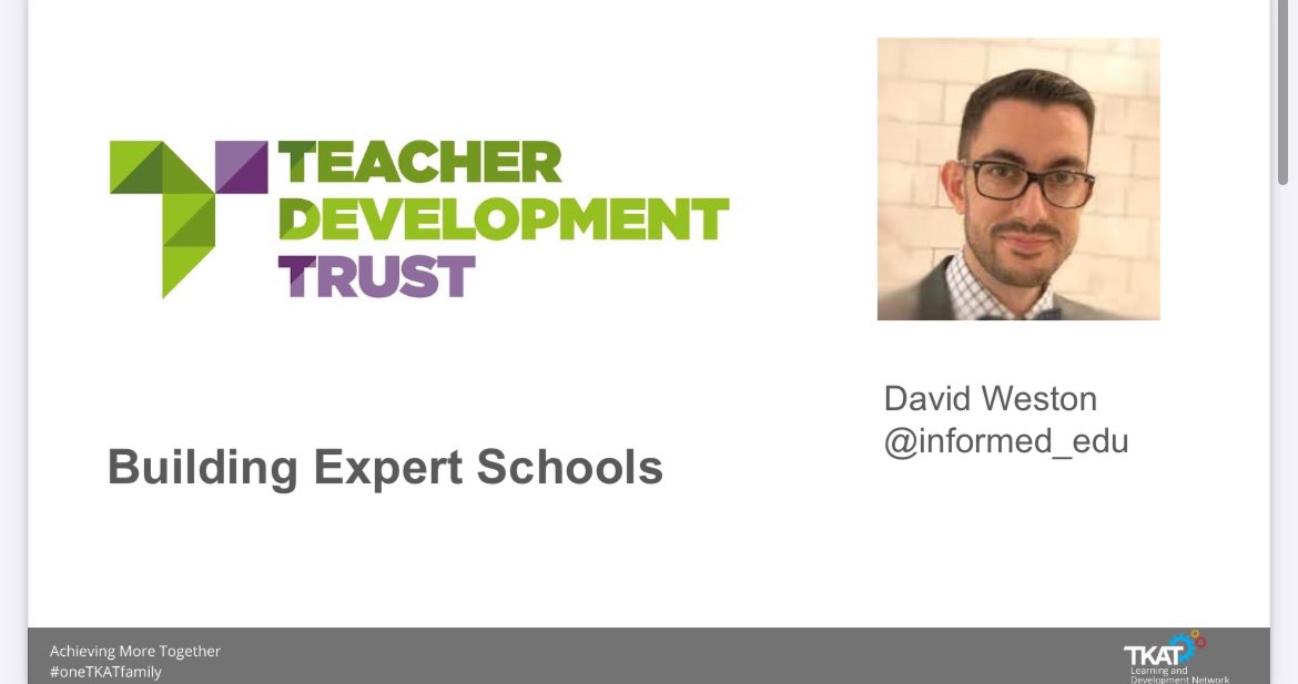 TKATLDN's tweet photo. Welcome to David Weston @informed_edu from the @TeacherDevTrust 

David is the author of ‘Unleashing Great Teaching’

Creating a culture to learn, thrive and succeed.

Talking about building expert schools.

#oneTKATfamily https://t.co/HOWqLgCp69