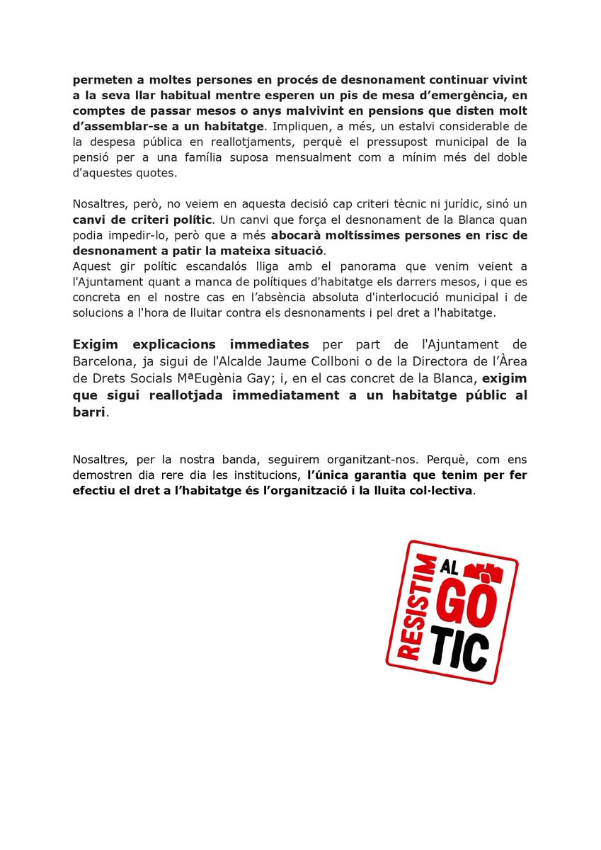 🔴 Gravíssim:  La Blanca, desnonada per culpa de l'Ajuntament

Un canvi de criteri polític, a última hora i sense marge, trenca un acord que estava tancat.

Exigim explicacions immediates per part de <a href="/jaumecollboni/">Jaume Collboni</a> i <a href="/MariaEugeniaGay/">Mª Eugènia Gay</a> 

naciodigital.cat/noticia/268208…