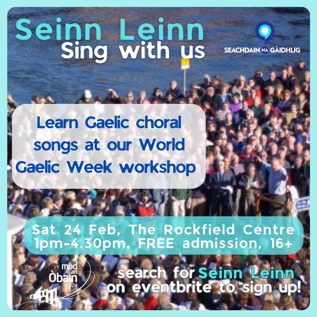 Thigibh an cuideachd sàr-sheinneadairean Gàidhlig airson feasgar seasgair de sheinn is sgaoileadh òrain aig Seinn Leinn.

Join acclaimed Gaelic choristers for an afternoon of relaxed 'scratch' choir singing - sign up to Seinn Leinn here: bit.ly/3HAFwcg