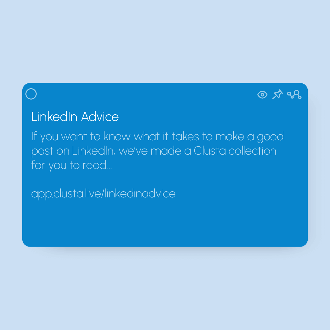 ClustaLive's tweet photo. Ed has made a collection on Clusta about the types of posts that'll elevate your professional presence on LinkedIn. 📈

https://t.co/XnSMISkaPY

Add it to your favourites! When you are next stuck for ideas - hopefully this 'post type' guide will help!

#LinkedIn https://t.co/x7wboCd1Eu