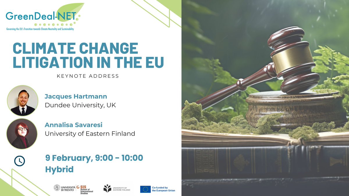 greendeal_net's tweet photo. 👩⚖️ Can legal battles combat climate inaction in Europe?
Join Annalisa Savaresi & @JacqHartmann in our keynote on EU #ClimateChangeLitigation.
🔍 Explore the intersection of state responsibility, human rights, and climate action.
Click here to attend 👉 https://t.co/ERoYc6PosZ https://t.co/xRZigGxe7H