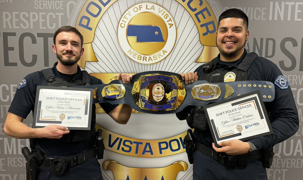 SgtBoswellLVPD's tweet photo. Congratulations to Ofc. Mavencamp and Ofc. Orduna on being awarded C-Shift Officers of the Month for January 2024. Their hard work and dedication doesn’t go unnoticed! #TheStrap
@CityofLaVista @lavistapolice @Capt_BarcalLVPD @CaptArmbrust @CaptKinseyLVPD https://t.co/PKis9pSdYQ