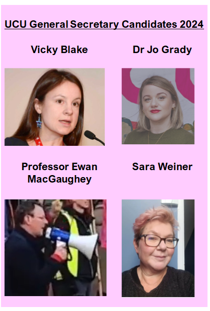 * Who will you vote for? * TODAY 12.30-14:00 - National Hustings for @UCU General Secretary. Join @ReadingUCU committee members at the National Hustings to hear from all 4 candidates. Register 👇 ucu.wufoo.com/forms/hustings… @ucusouthern @zenscara @DrJoGrady @ewanmcg @RedSazzler