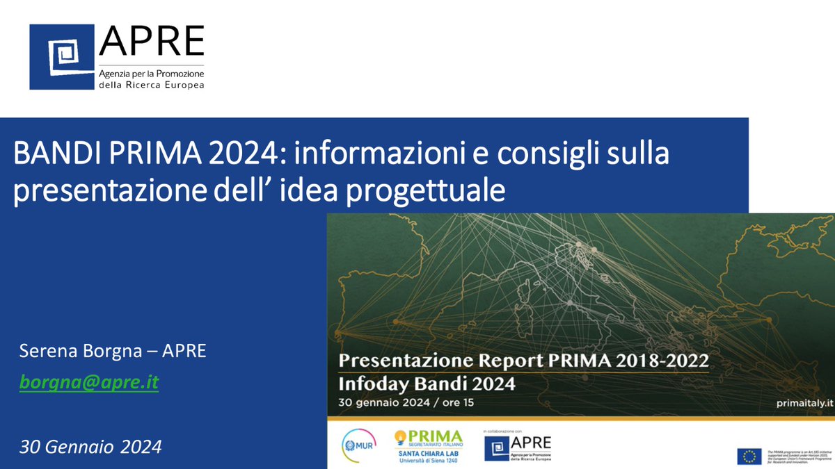 primaitaly's tweet image. 📢Bandi #PRIMA2024 per #ricerca-#innovazione🌾#agrifood e💧risorse idriche nel Mediterraneo.
📺Rivedi #Infoday e gli interventi di:
🔸@AntonellaAutin1 @PrimaProgram
🔸#AldoCovello @murgov
🔸#SerenaBorgna @apre_it
che illustrano le call e accedi a info qui➡️tinyurl.com/5erafphj