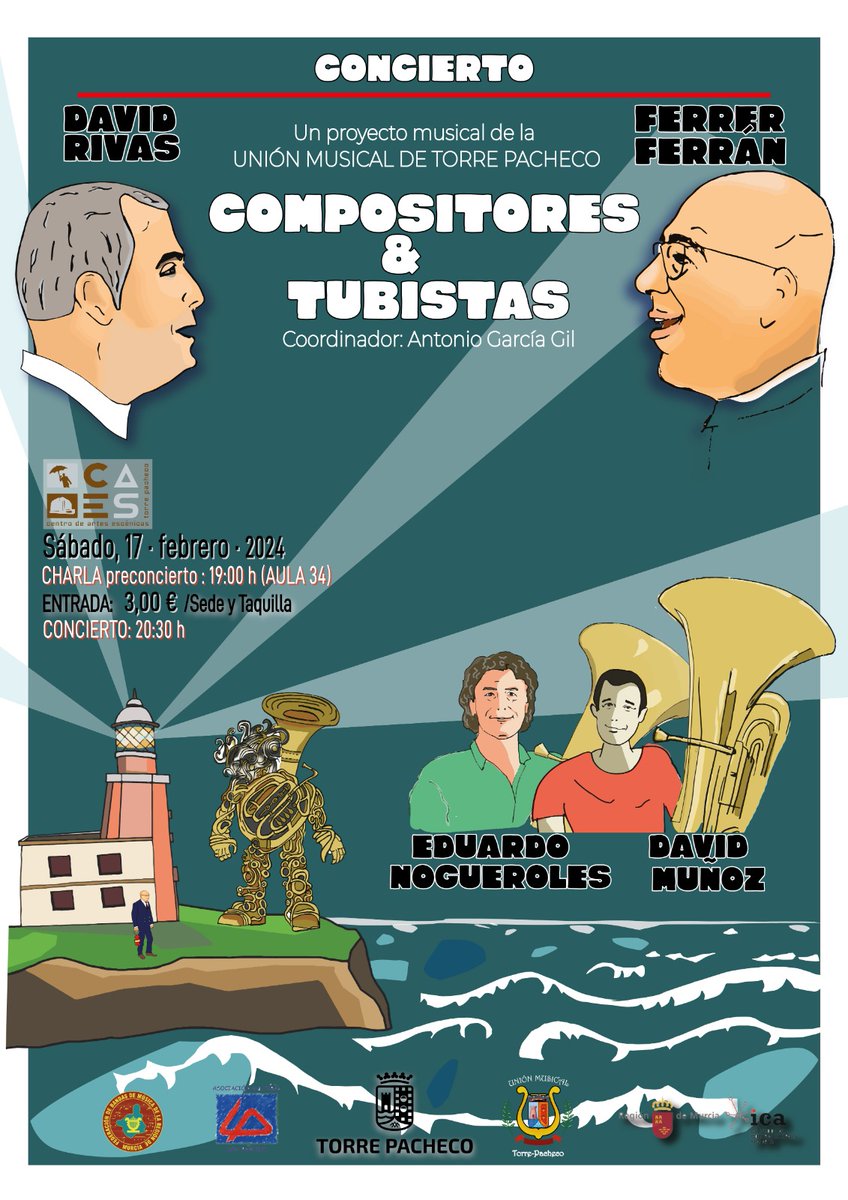 Cartel del concierto "Compositores &amp; Tubistas", acompañados por Ferrer Ferrán, David Rivas, Eduardo Nogueroles y David Muñoz.

Nos resulta emocionante ya que, por primera vez, las obras serán dirigidas por su compositor e interpretadas por el solista para el que fueron dedicadas.