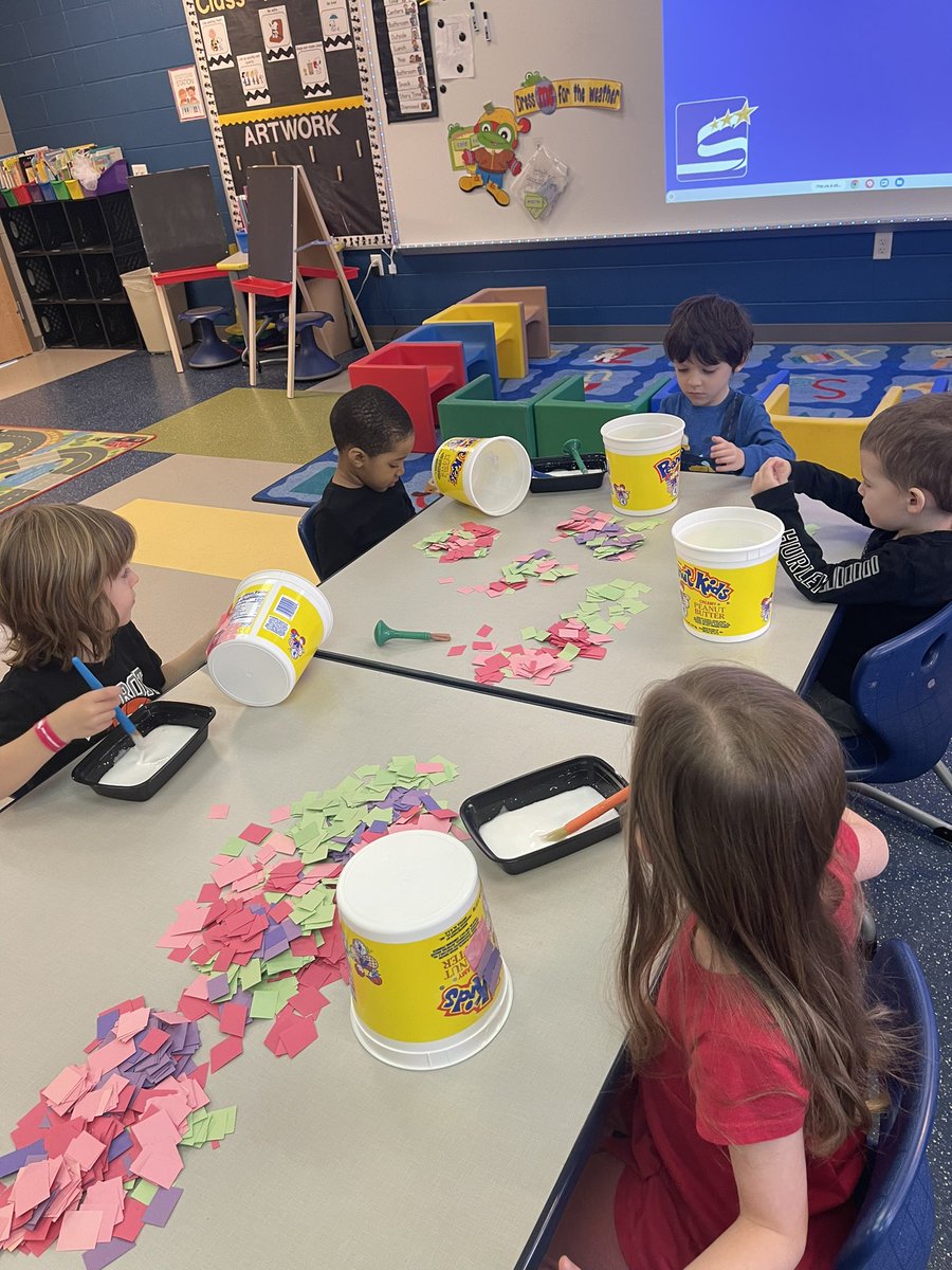 When the day must go on (our #MsPamROCKS was out sick😢)…the @EaglesFbes ECSE littles & I start making our Valentine celebration buckets. We worked on sharing, fine motor, & lots of communication (apparently mixing glue w/ water & using a paint brush makes us the “coolest…