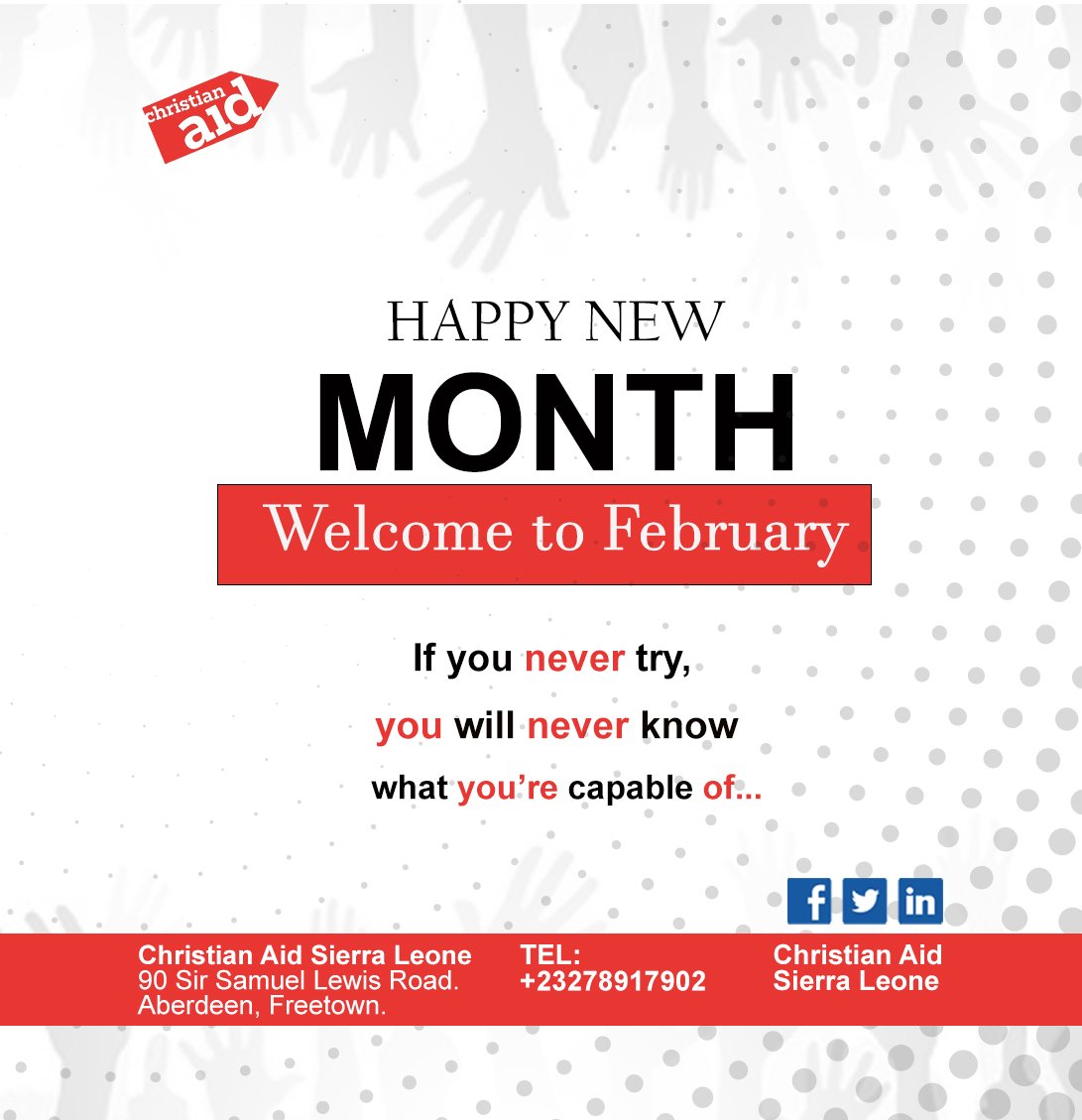 Happy New Month!!!

@Christian Aid Sierra Leone we believe that together we can create a brighter future where poverty, inequality and injustice shall become a thing of the past.
#ChrstianAidSierraLeone
#standingtogether
#ca_global
#endpoverty