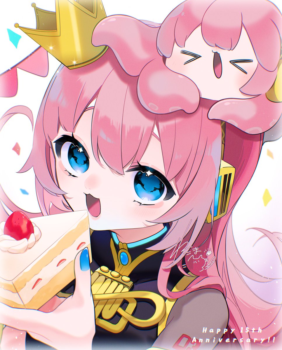 megurine luka ,takoluka food cake > < pink hair gold trim blue eyes anniversary  illustration images