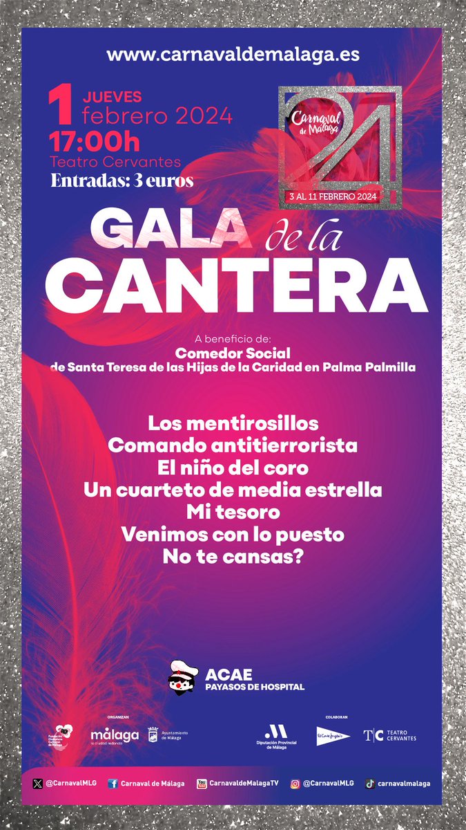 Hoy Gala de la Cantera
Carnaval Málaga

<a href="/murgainfantil/">MURGAINFANTIL Paqui Prieto</a> 
<a href="/PotiPotiTorrox/">Peña Poti-Poti</a> 
<a href="/Alvaritoplaza15/">Alvaro Díaz Plaza 🟡</a> 
@ComparsaJuvMLG 
<a href="/tusdoscoloretes/">TusDosColoretes _</a> 
<a href="/lamurguitamlg/">La Murguita</a>