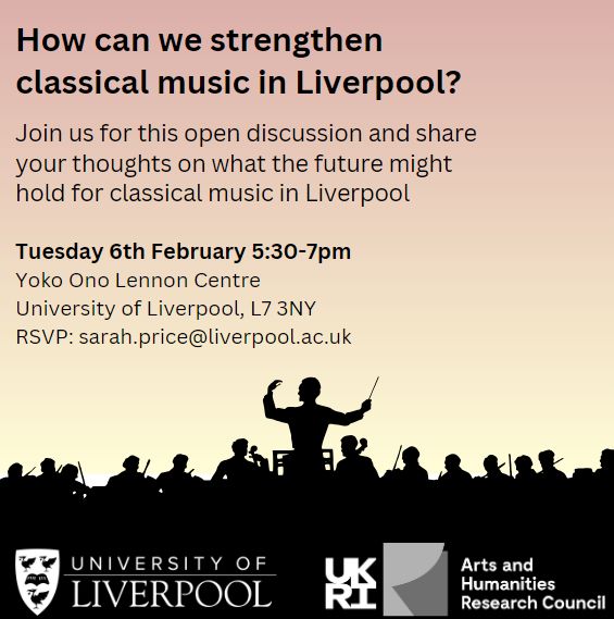 LCRMusicBoard's tweet photo. OPEN MEETING: STRENGTHENING CLASSICAL MUSIC IN LIVERPOOL //
Anyone involved in organising classical music groups and events is invited to attend and share experiences and ideas.

Dr. Sarah Price from @livuni will present and lead discussions.

RSVP to sarah.price@liverpool.ac.uk https://t.co/tNAX7fHEWN