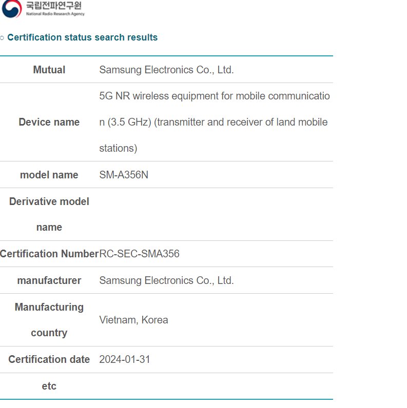 📌Samsung Galaxy A355G arrives on NRRA Korea.

#GalaxyA355g #NRRA #Samsung