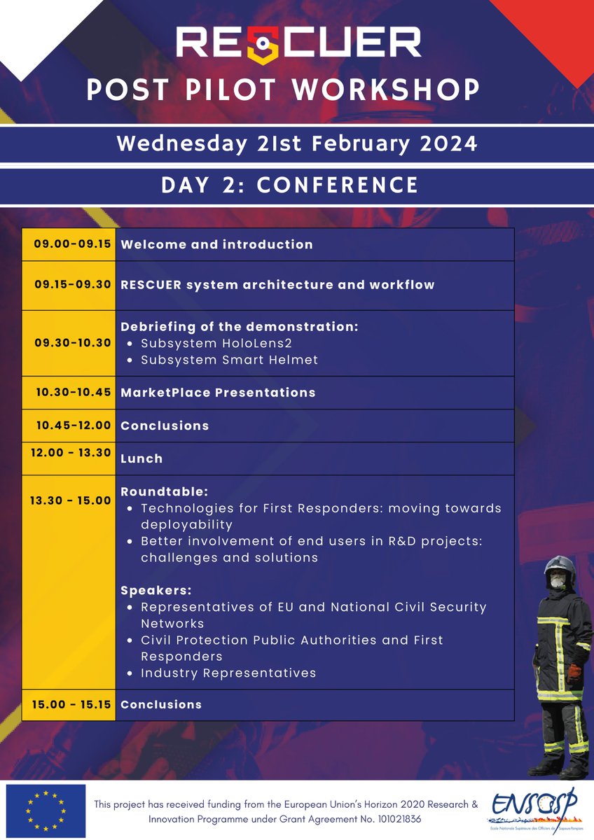h2020_rescuer's tweet photo. Join us for the first RESCUER POST PILOT WORKSHOP, to take place in Aix-en-Provence on 20-21 February 2024.
Please register using the following link: https://t.co/qpjvvLCKbw
#rescuerproject #firstresponders #EUproject #PostPilot #workshop2024 #aixenprovence https://t.co/CHEZUu6NBq
