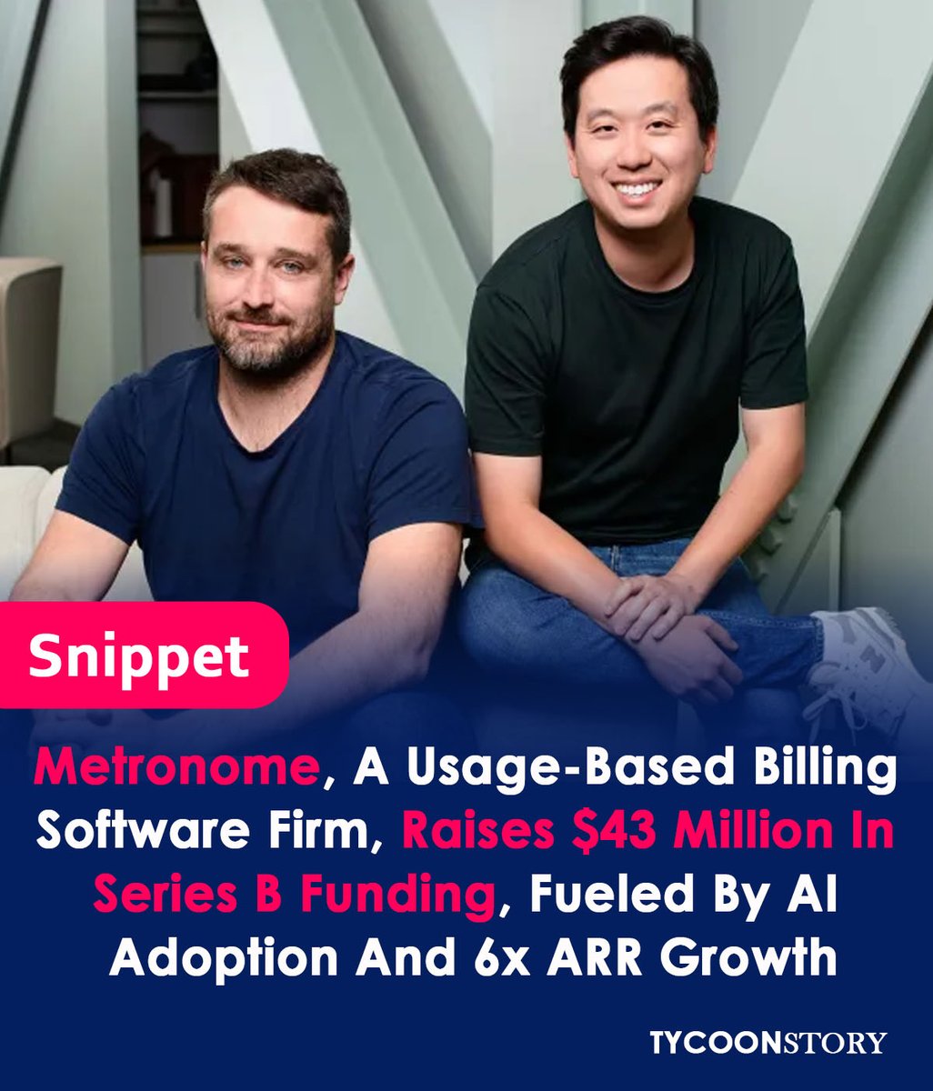 TycoonStoryCo's tweet photo. Metronome, a usage-based billing software provider, secured $43M in Series B funding led by NEA, fueled by AI adoption and 6x ARR growth
#fintech #software #startup #funding #venturecapital #anthropic #databricks #softwarecompanies #engineering #billingintegration #financialstack https://t.co/UvYqFWshau