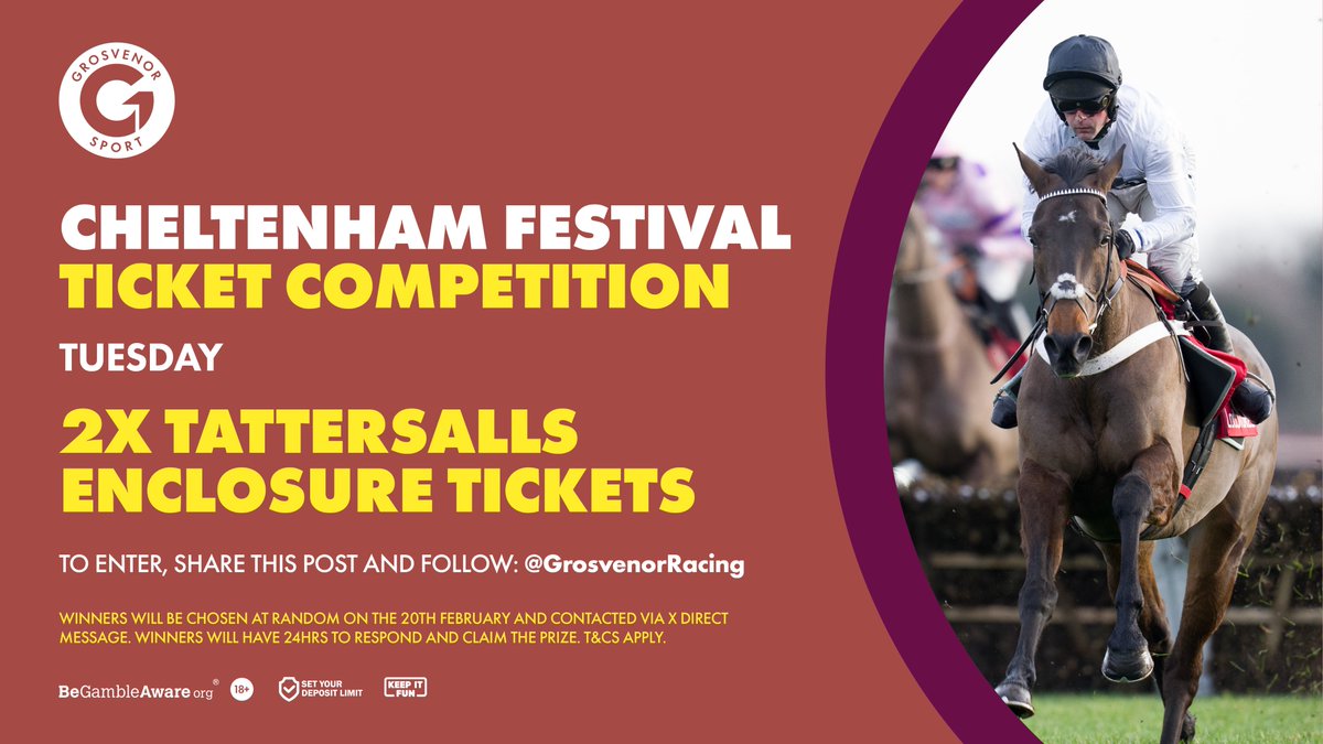 Less than 6 weeks to go...

Here's your chance to 𝐖𝐈𝐍 a pair of tickets to Day 1 of the #CheltenhamFestival! 🎟️

To enter:

✅ FOLLOW <a href="/GrosvenorRacing/">Grosvenor Racing</a> 
🔁 SHARE this post 

Terms apply.