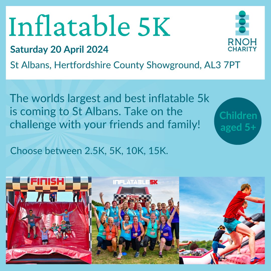 Gather friends, family and colleagues for the return of the World's BIGGEST and most EPIC Inflatable 5K Obstacle Course and help raise vital funds for @RNOHnhs Sign up here: runforcharity.com/rnoh-charity/I…