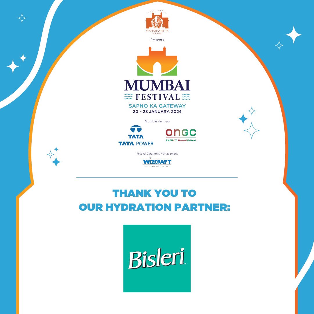 A massive thanks to our incredible Hydration Partner, Bisleri, for their support in bringing Mumbai Festival to life 🎉 मुंबई फेस्टिवल 2024ला प्रत्यक्षात उतरविण्यासाठी अमूल्य सहकार्य केल्याबद्दल आमचे अविश्वसनीय हायड्रेशन पार्टनर, बिस्लेरी यांचे मनःपूर्वक आभार! 🎉 @MahaDGIPR