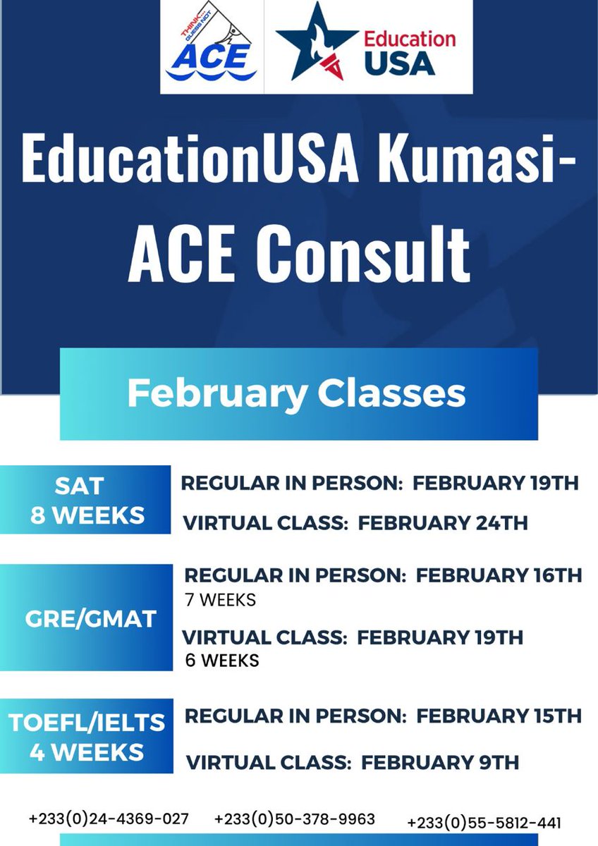 Please be guided accordingly!

#educationusakumasi #studyabroad #studyinusa #StudyWithUS #toefl #toeflprep #GRE #greprep #SAT #SATPrep #ielts #ieltspreparation #GMAT #GMATPrep