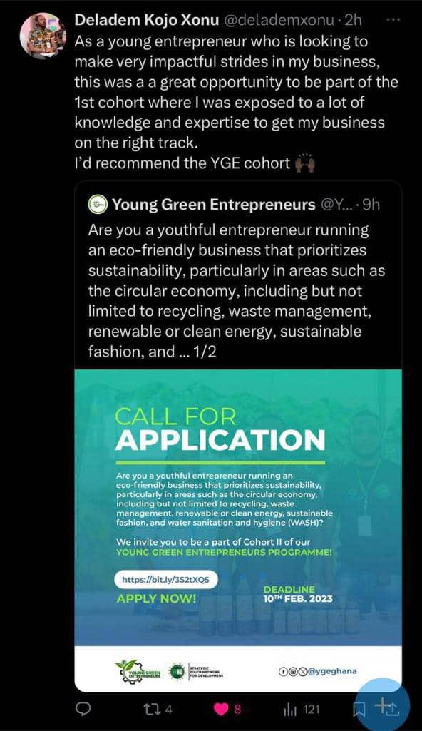 This is what @delademxonu of the first cohort had to say. 
@SYNDGhana @YGEGhana  programme . As a young person with an eco friendly business you are encouraged to  apply now!!!!

bit.ly/3S2tXQ5