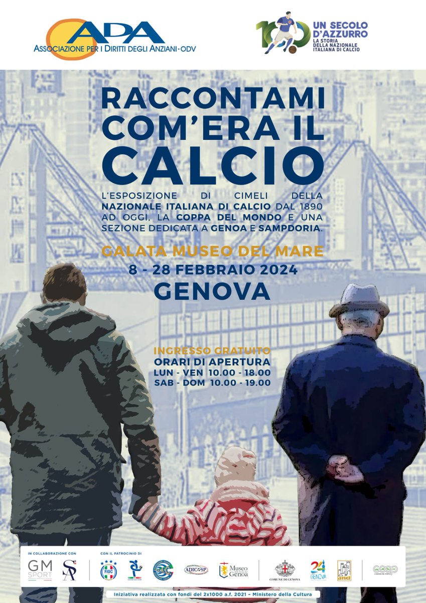 Tappa genovese per "Raccontami come era il calcio" giovedì 8 febbraio alle 12 al Galata Museo del Mare alla presenza di Alberto Oranges, presidente Ada, Mauro Grimaldi, curatore e ad Federcalcio servizi e Alessandra Bianchi, assessore allo sport del Comune di Genova.