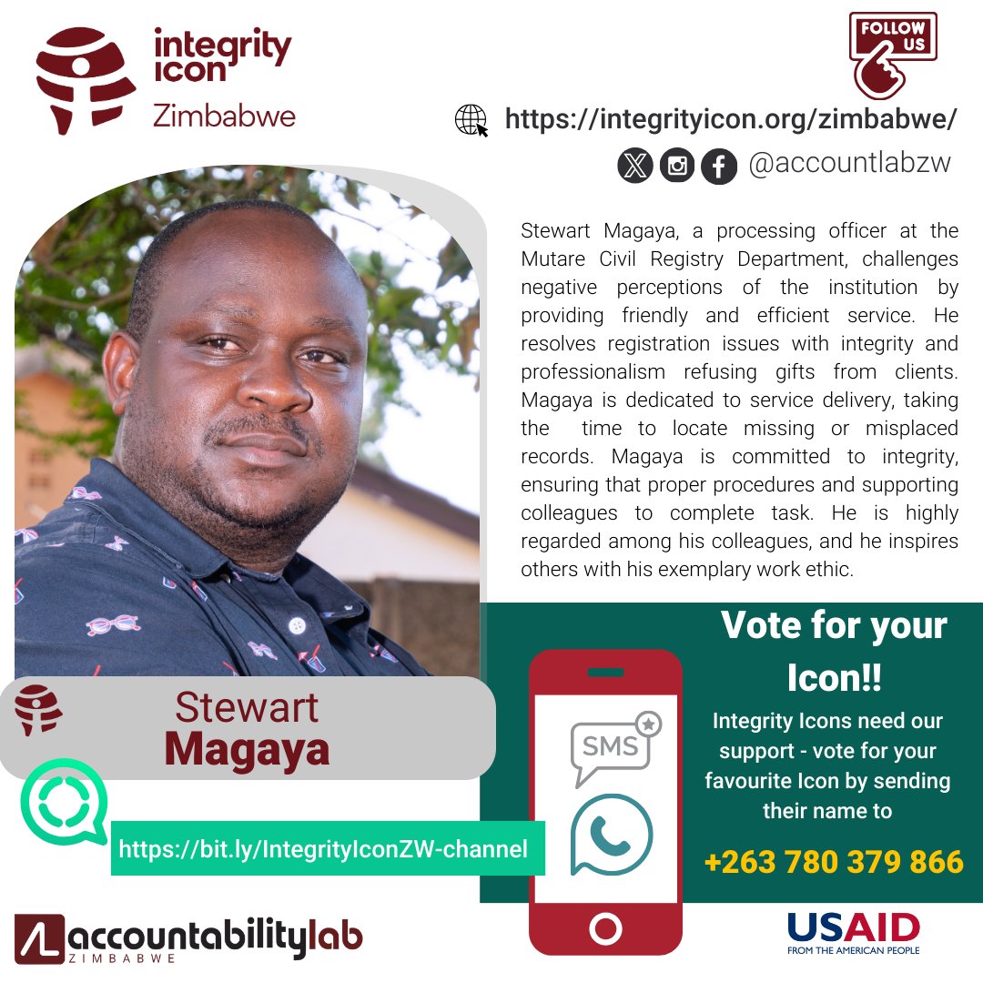 Vote for your Icon!! 🚨 Stewart Magaya @StewartMagaya , a processing officer at the Mutare Civil Registry Department, challenges negative perceptions of the institution by providing friendly and efficient service. He resolves registration issues with integrity and…