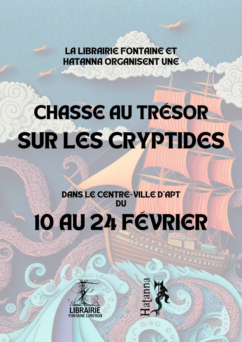 HatannaRH's tweet photo. Tous à vos agendas ! Prochain jeu de piste de la libraire pirate sur Apt !
Mais alors qu'est-ce qu'un cryptide ? C'est une bestiole étrange que beaucoup pensent être réelle mais aucune preuve scientifique tangible existe. Ça va être chouette !
Belle journée à tous ! #jeudepiste https://t.co/0tEQ4r1tsH