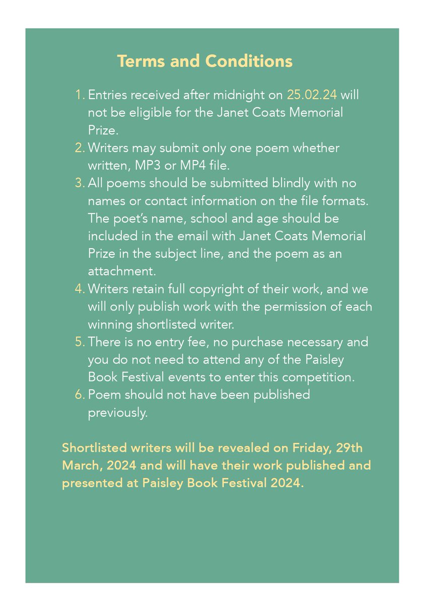 Theme - Imagine Something Different. We are excited to read your poem of up to 40 lines. 
#janetcoatsmemorialprize #paisleybookfestival