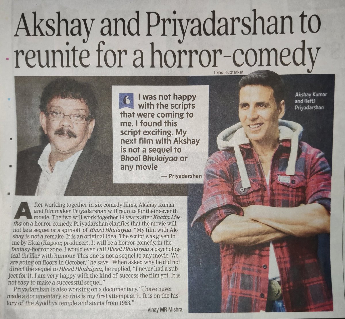 Akkistaan's tweet photo. Finally they are coming back together. @priyadarshandir finds an apt script for a perfect horror comedy with @akshaykumar sir. It will be an original script and not a sequel to any previous movie.  They hit the floors in Oct 2024. https://t.co/maZEroZY24