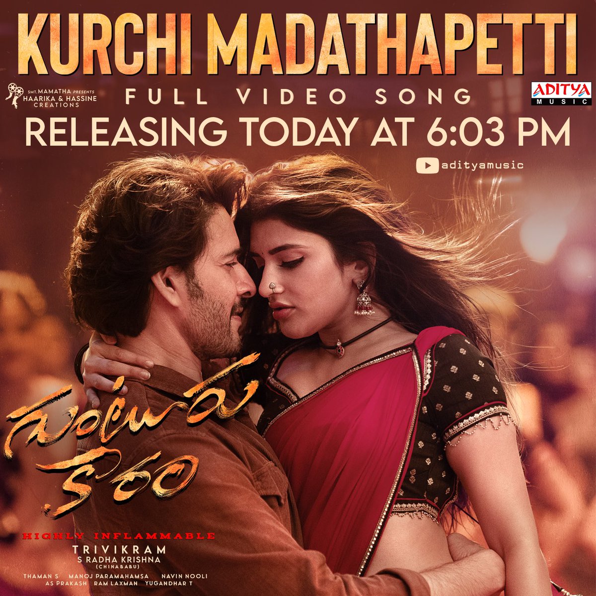 SSMBGlobalFC's tweet photo. The Sensational chart-topping MASS Number #KurchiMadathapetti full video song from #GunturKaaram is set to hit the screens at 6:03 PM today 🔥🔥

A @MusicThaman Musical 🎹
✍️ @ramjowrites
🎤 @itsahithii @srikrisin 

SUPER🌟 @urstrulyMahesh @sreeleela14 #Trivikram #Thaman @meenakshiioffl @vamsi84 @manojdft @NavinNooli #ASPrakash @haarikahassine @adityamusic